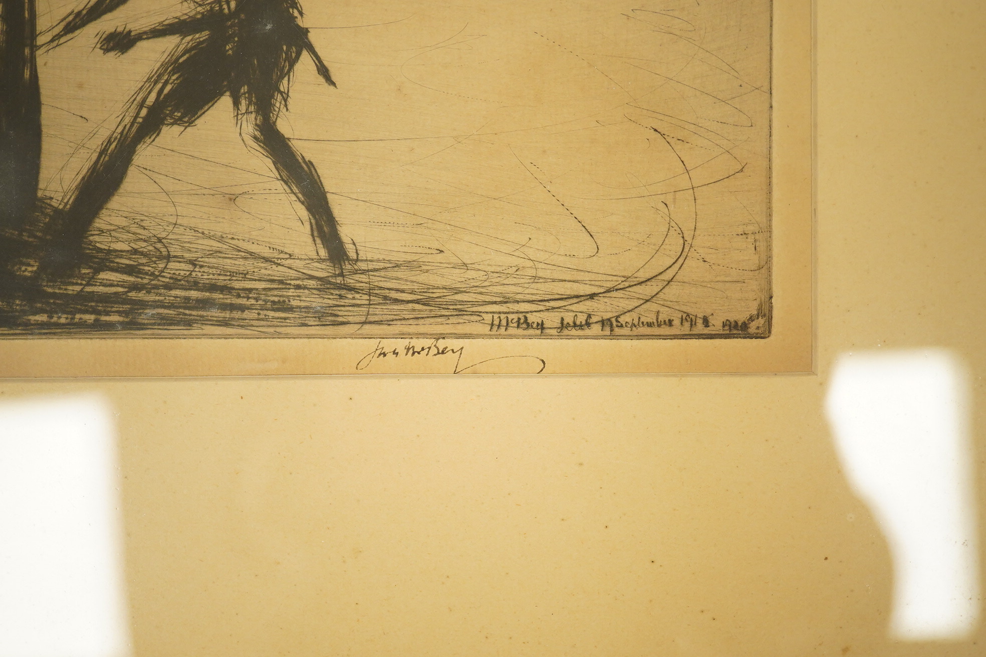 James McBey (Scottish, 1883-1959), etching, 'A 65 pounder opening fire’, signed in ink and dated 1918 in the plate, 22 x 31cm. Condition - fair